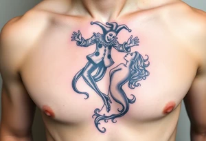 jester hovering over woman in smoke tattoo idea