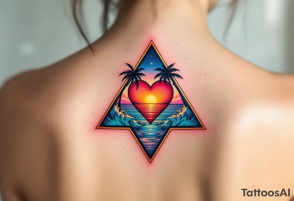 A triangle with a big heart in the center with an ocean palm tree theme tattoo idea