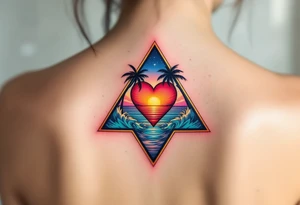 A triangle with a big heart in the center with an ocean palm tree theme tattoo idea