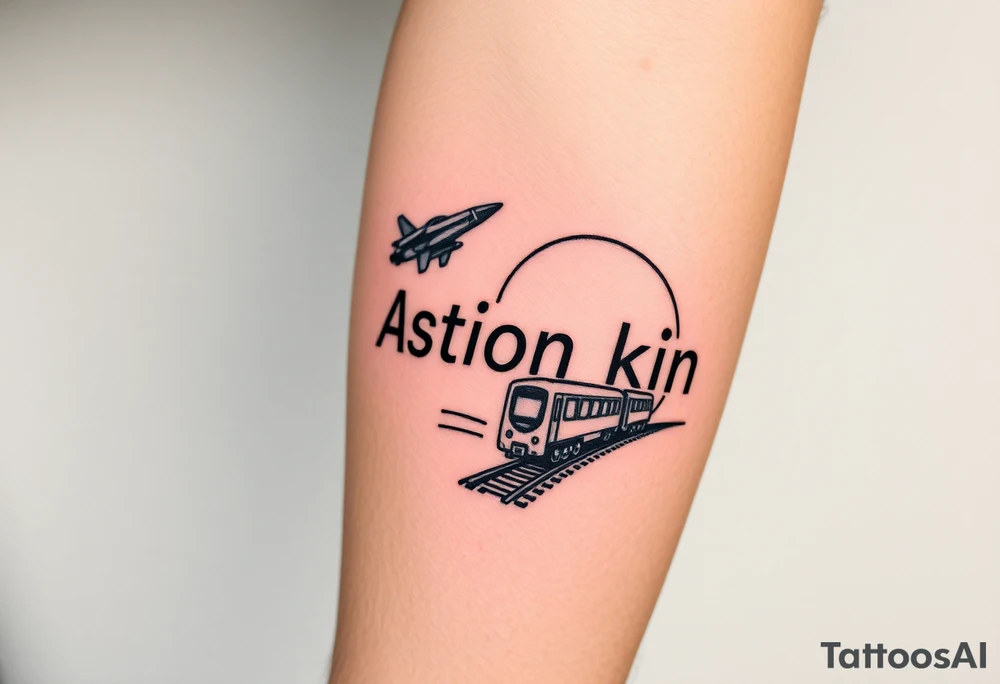 Forearm tattoo of the words station kino with the graphic design background of outer space and a alien spaceship flying over the words station kino and put a train on train tracks under station kino tattoo idea