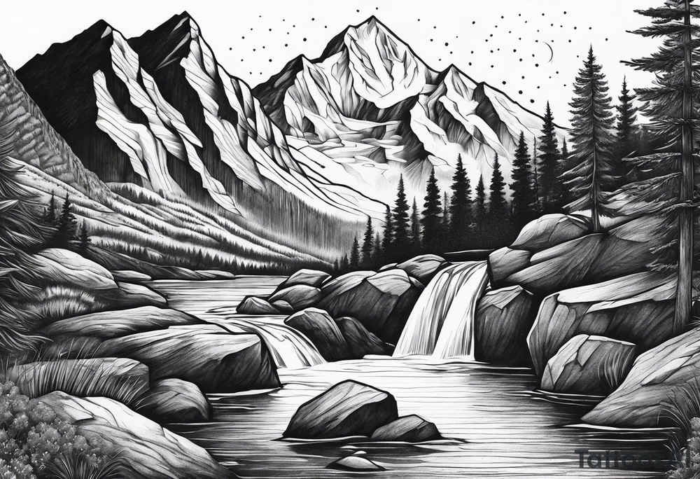 mountains, nature, stars, cross, waterfall, water tattoo idea
