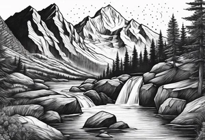 mountains, nature, stars, cross, waterfall, water tattoo idea