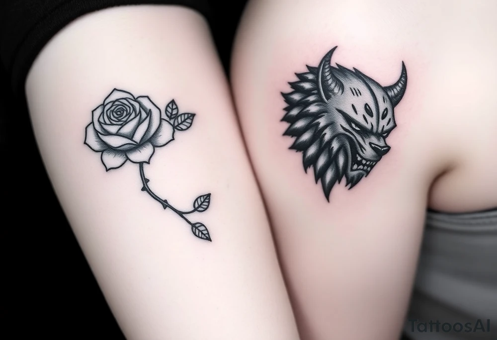 Matching/ connecting tattoos:
Your Tattoo (Beauty): A delicate but dark-looking rose, perhaps with thorns wrapped around it in a fine-line, illustrative style. Hidden among the petals or thorns could be the initials 'J' and 'T' intertwined.
His Tattoo (Beast): The head of a menacing but sad-looking beast, done in a stylized, hard-core black and gray. The tattoo could be a half-face or include jagged lines. Hidden in the negative space of the beast's ear or horns could be your date.
Connecting Element: The rose's stem could be broken, with the last petal falling towards his tattoo. You could place the tattoos on facing wrists or ankles for a permanent connection. tattoo idea