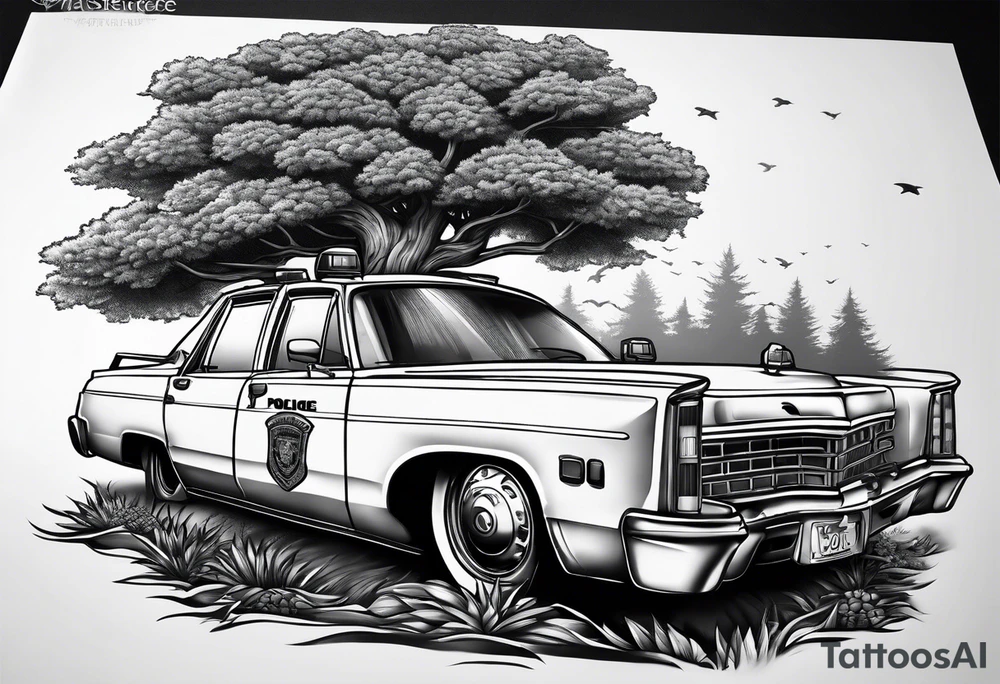 tree growing through police car tattoo idea