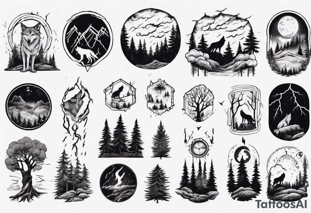 a thunder and lightning storm over a forest with a distant wolf howling and a drums tattoo idea