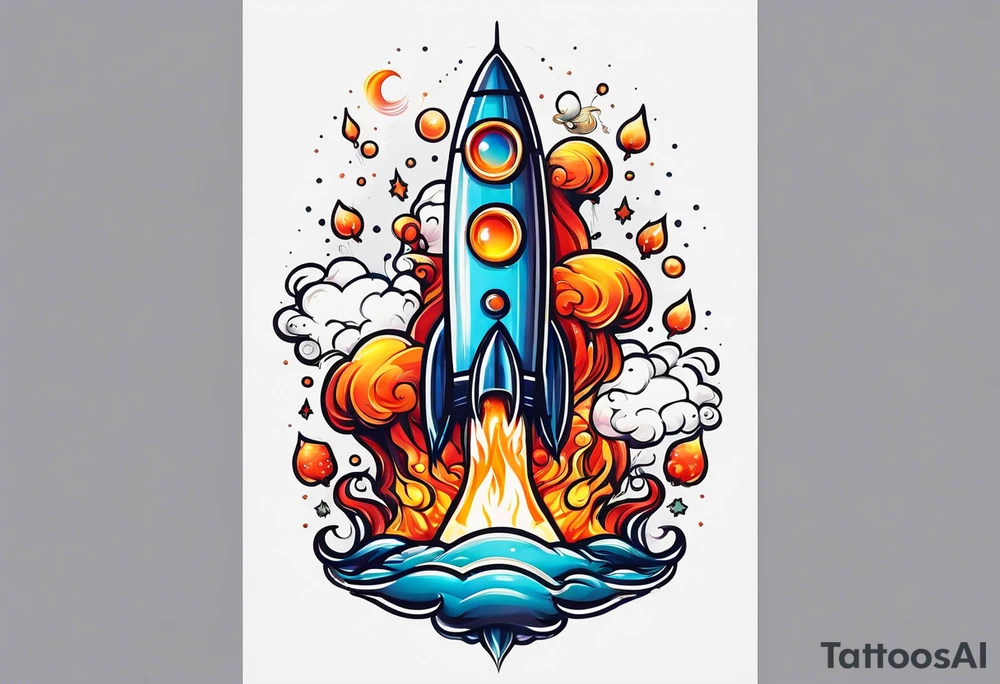thin rocketship with a psychedelic mushroom top with fire coming out the bottom bursting out of bubble as the bubble pops tattoo idea