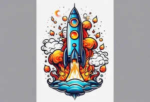 thin rocketship with a psychedelic mushroom top with fire coming out the bottom bursting out of bubble as the bubble pops tattoo idea