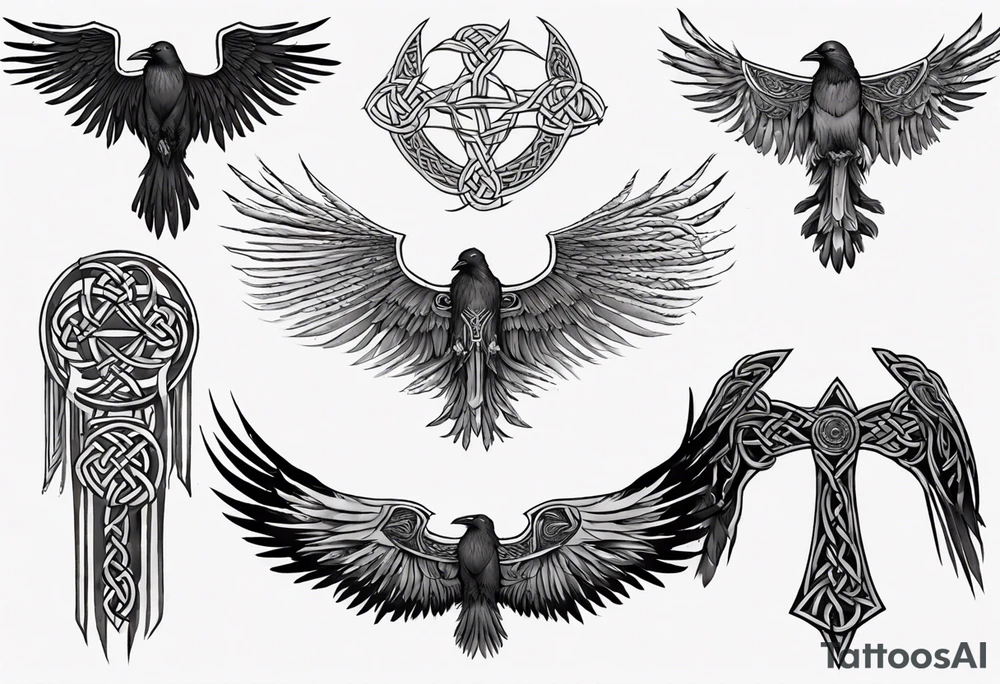 norse style raven wings spread with celtic knotwork tattoo idea