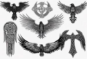 norse style raven wings spread with celtic knotwork tattoo idea