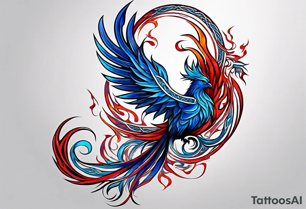 Blue and red Phoenix in a Celtic knot with flames tattoo idea