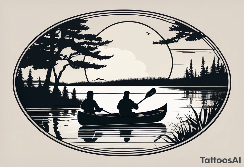 The tattoo design depicts a serene nature scene, framed within a semi-circular border. In the foreground, there are two people sitting in a canoe on a calm lake. They are paddling towards the horizon, with one person sitting at the back of the canoe and the other at the front. The back view of the people suggests a peaceful and contemplative moment shared between them.

In the background, there are majestic mountains with peaks covered in snow, creating a dramatic and picturesque landscape. The mountains are flanked by tall pine trees on either side, adding to the wilderness feel of the scene. Above the mountains, a large sun is either rising or setting, casting a tranquil glow over the entire scene. Birds are flying in the sky, adding to the sense of freedom and natural beauty.

The entire scene is rendered in a minimalist, black and white, line-drawing style, giving it a clean and elegant appearance. The semi-circular frame around the design focuses attention on the central elements and adds a sense of completeness to the image. black and white tattoo idea