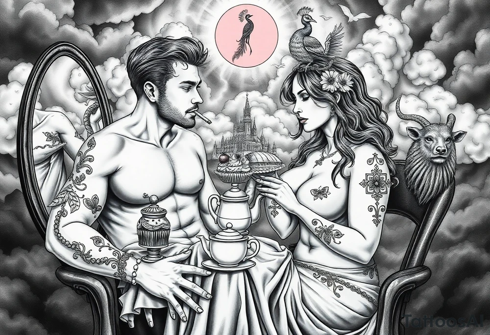 Mystical Naked Man and woman having sex eating cupcakes and  fruit  having sex clouds gothic sexy naked fat lady having a tea party with tea pot with fancy castle  
with a pigs, peacock, noose, lion, goat, smoking cigerettes looking in the mirror thru storm clouds with razor blades and broken hearts and darkness and wrath, envy , gluttony, greed, sloth, pride kill tattoo idea
