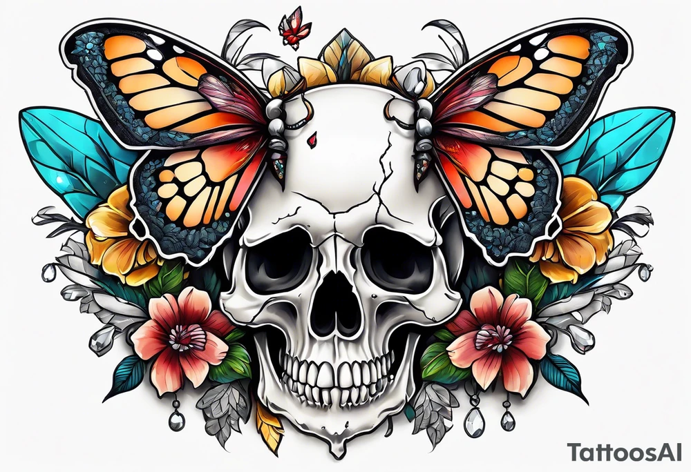 Flower chest piece, small animal skull, crystals, moth tattoo idea
