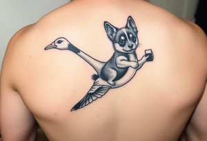 blue heeler puppy like muffin from Bluey holding a brick in one hand while riding a Canadian goose who is flying. tattoo idea