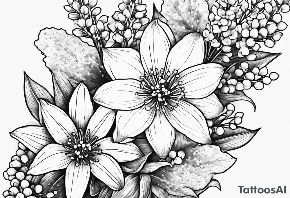 Larkspur, Lily of the valley, water, lily, Hawthorne, flower, carnation, snowdrop flower half sleeve tattoo idea