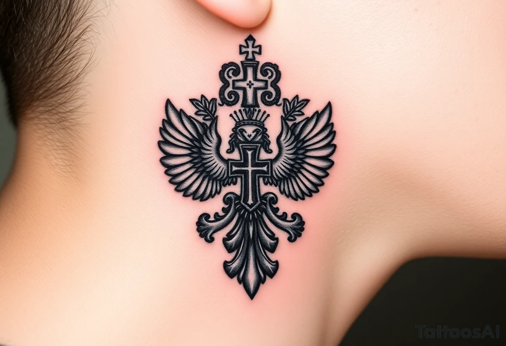 russian coat arms in a russian christian orthodox cross with the cross in the middle with a virgin mary & orthodox dome church on the side of the neck tattoo idea
