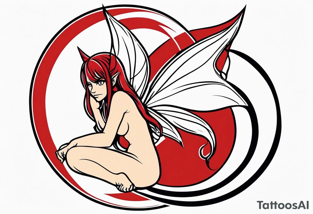 A fairy with a tail inspired by the logo of the show called Fairy Tail in a fetal position leaning in tattoo idea