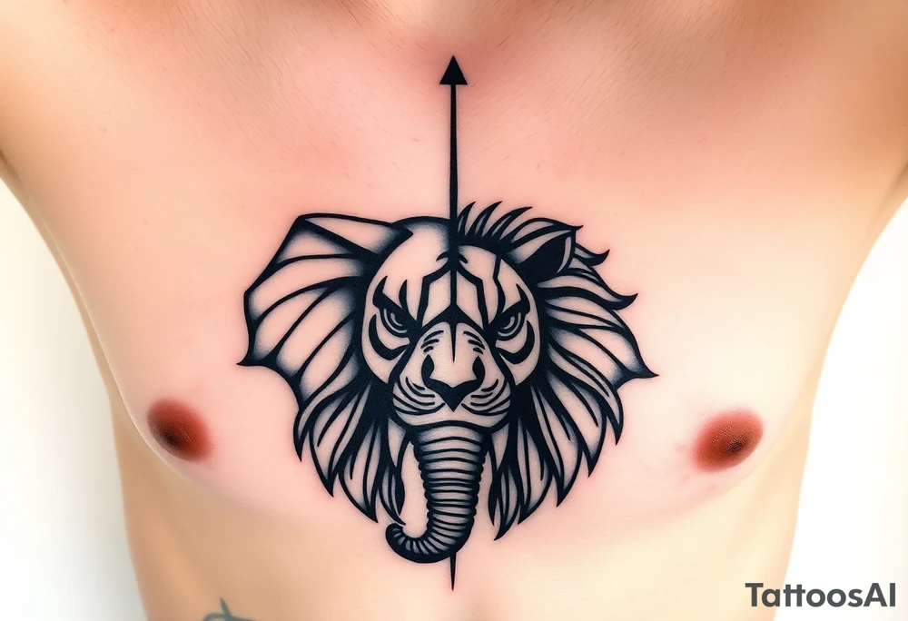 A half elephant half lion head divided by a vertical line on a ribcage using abstract geometric tattoo idea