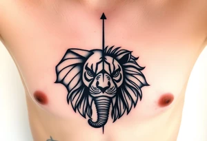 A half elephant half lion head divided by a vertical line on a ribcage using abstract geometric tattoo idea