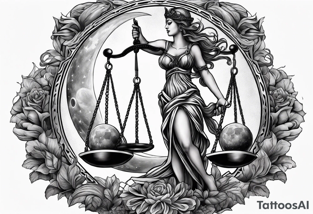 Themis holding the scales of justice while blindfolded with a moon in the background in color tattoo idea