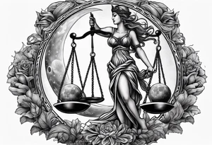 Themis holding the scales of justice while blindfolded with a moon in the background in color tattoo idea