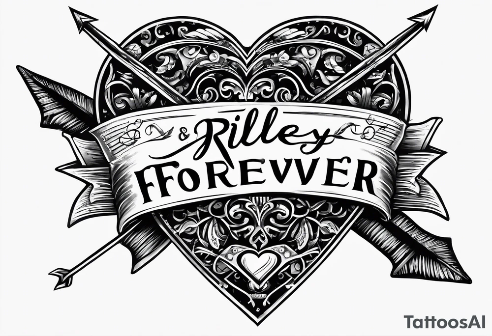 heart with arrow with ribbon that says "Riley and Mel forever" tattoo idea