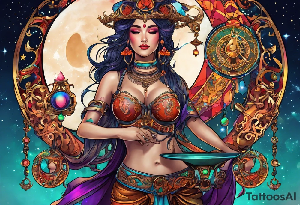Libra woman holding scales with a night zodiac background including a half moon that encircles half of the woman with vibrant colors tattoo idea