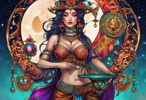 Libra woman holding scales with a night zodiac background including a half moon that encircles half of the woman with vibrant colors tattoo idea