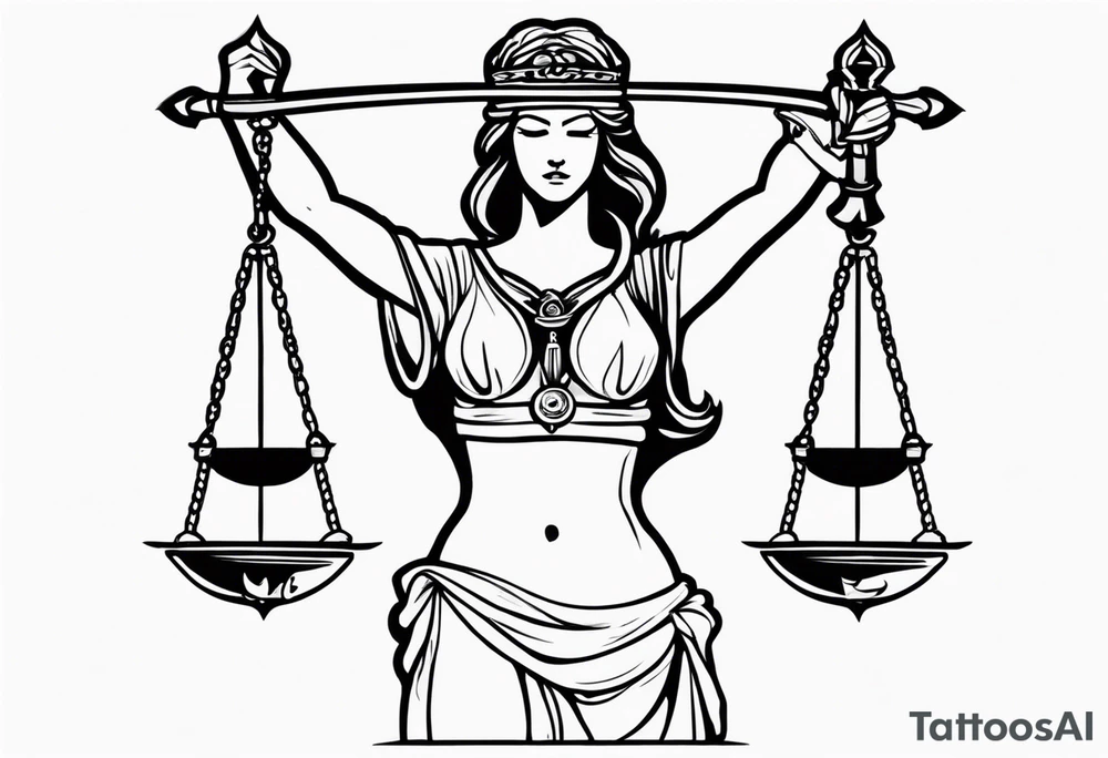 Lady justice with blindfolded eyes, holding a sword in the one hand and a libra in the other tattoo idea