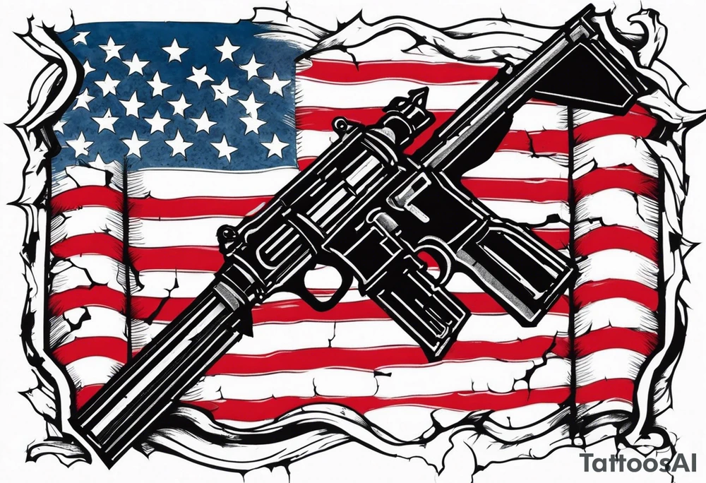 Distressed American flag behind a cross with 2 guns leaned on it simpler tattoo idea