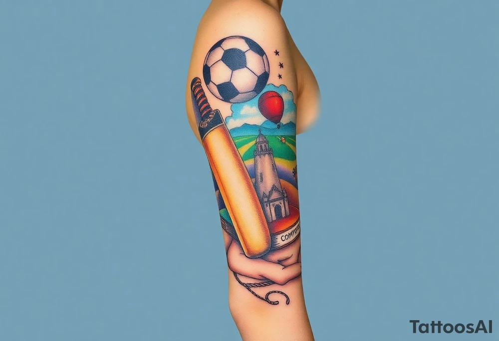Collage of childhood memories including a football, a cricket bat, Somerset, a sandcastle and a small pile of books. tattoo idea