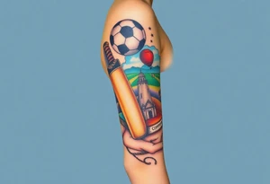 Collage of childhood memories including a football, a cricket bat, Somerset, a sandcastle and a small pile of books. tattoo idea