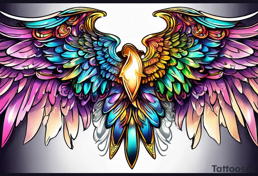 beautiful intricate colorful new school angel wings, tattoo idea