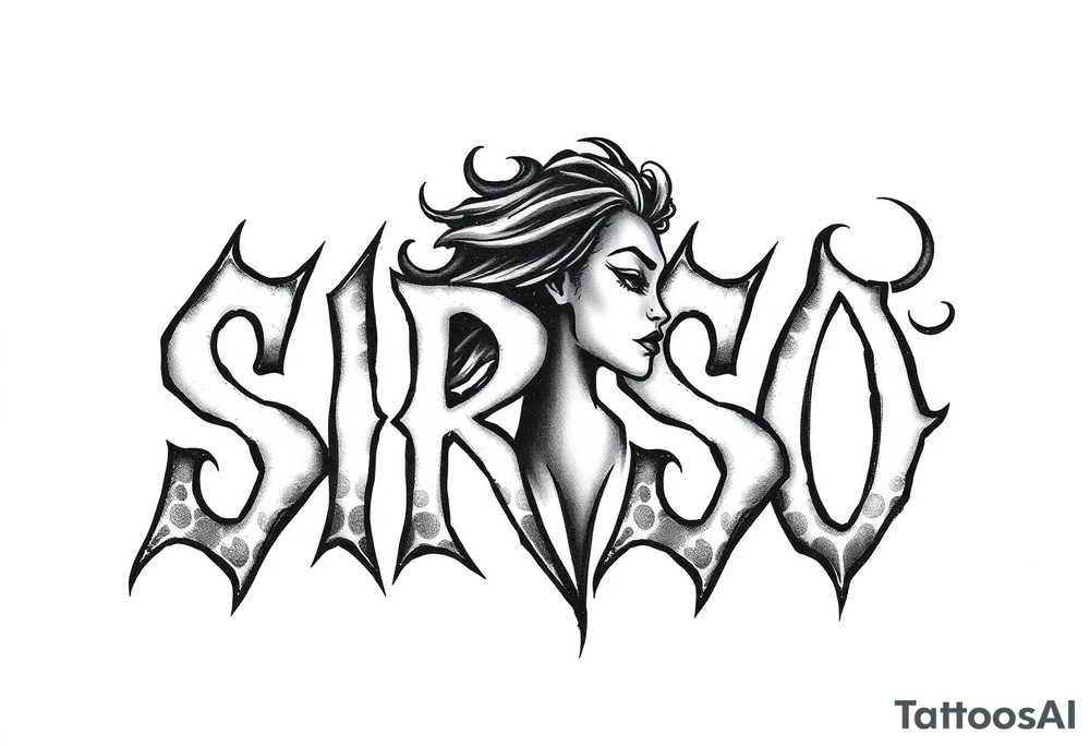 Abstract Tribal font saying “SIRISO” with all letters close together and the S in SIRISO connected to the O and a silloute of a sexy black  woman in the shape of the words tattoo idea