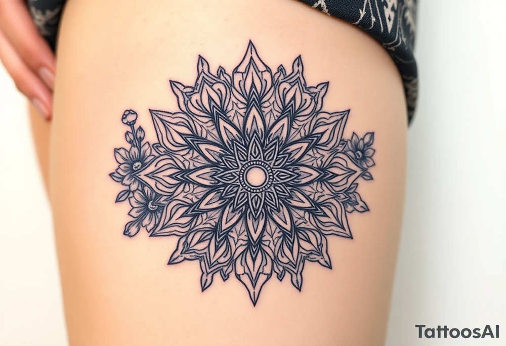 psychedelic mandala tattoo with crystals and  flowers and mushrooms tattoo idea