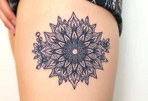 psychedelic mandala tattoo with crystals and  flowers and mushrooms tattoo idea