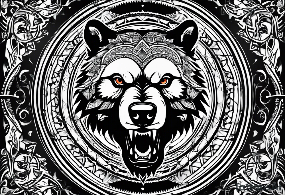 A tattoo designed for the knee, featuring the face of a feral bear with wild, exaggerated features, such as sharp fangs, intense eyes, and a snarling expression. The design incorporates large areas of white space for contrast, with beams of light or energy radiating outward from the beast’s eyes in a chaotic and powerful pattern. The overall look should be bold and primal, with flowing lines that adapt naturally to the curvature of the knee. tattoo idea