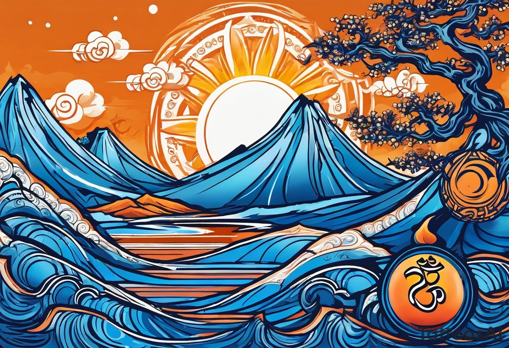 I'd like a tattoo of an orange sun with a blue om symbol superimposed on it. The sun should be behind the ohm symbol. tattoo idea