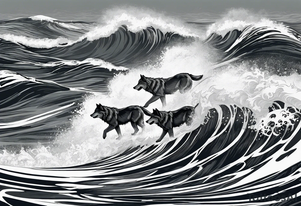 a pack of howling muscular  gray wolves surfing waves with a linear background with red, white and black and gray tattoo idea