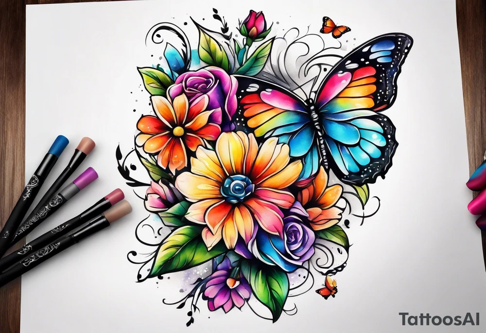 Arm sleeve with rainbow flowers and butterflies tattoo idea