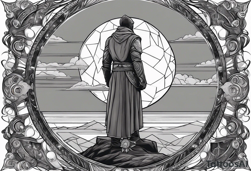 Jehovah looking out at the marvels of his creation from the atoms to the galaxy and celestial beings. With grey wash and a fantasy theme. Jehovah has to be a character who is so majestic, charismatic, immensely powerful. There isnt a single thing he isnt capable of doing. Infinitely powerful tattoo idea