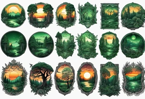 sunset in a dark green lush forrest, detailed, ornament, stunning, high quality, intricate, ultra realistic tattoo idea