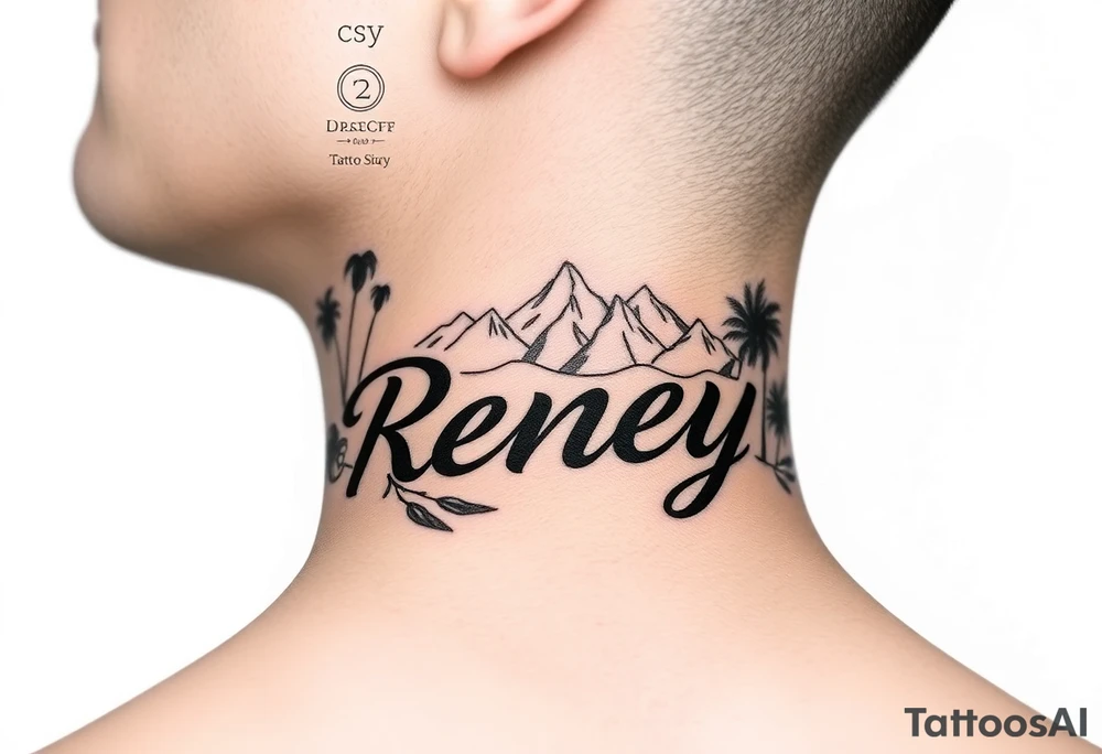 The name reney surrounded by tropical scenery tattoo idea