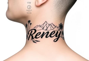 The name reney surrounded by tropical scenery tattoo idea