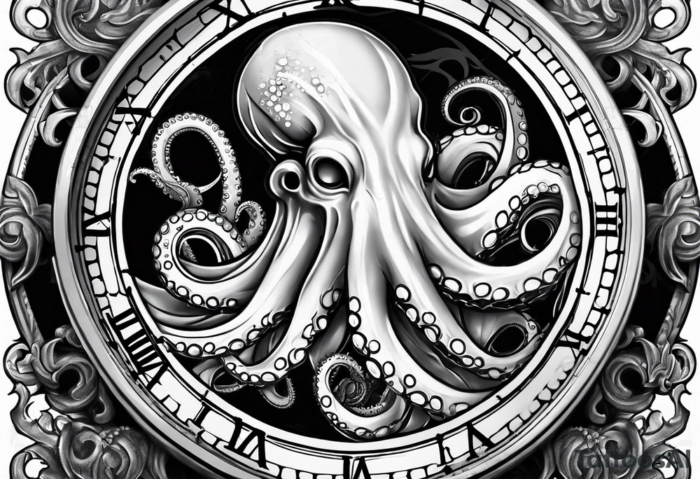 pocket watch wrapped under an aggressive octopus, side perspective tattoo idea