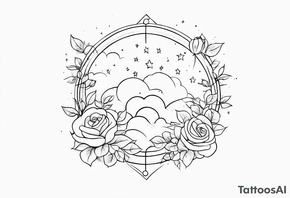 Clouds with tesseract inside and small roses and stars around it going vertically tattoo idea