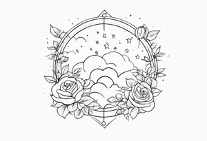 Clouds with tesseract inside and small roses and stars around it going vertically tattoo idea