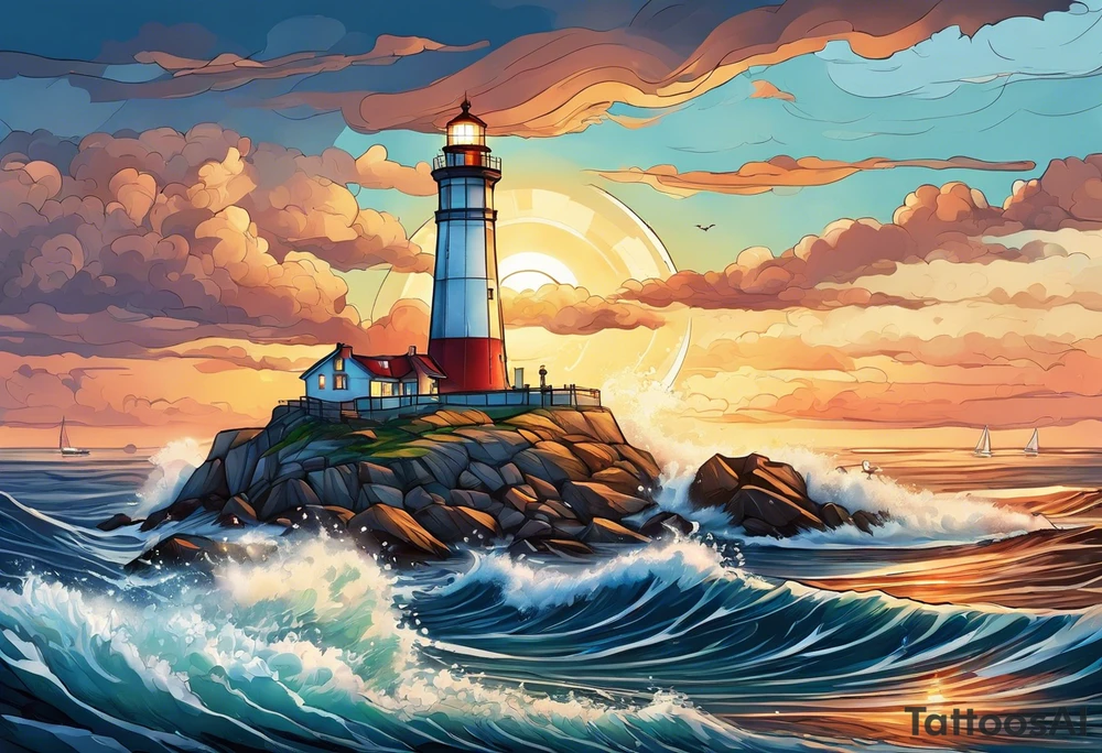lighthouse at the ocean, a bit realistic  framed tattoo idea
