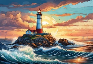 lighthouse at the ocean, a bit realistic  framed tattoo idea