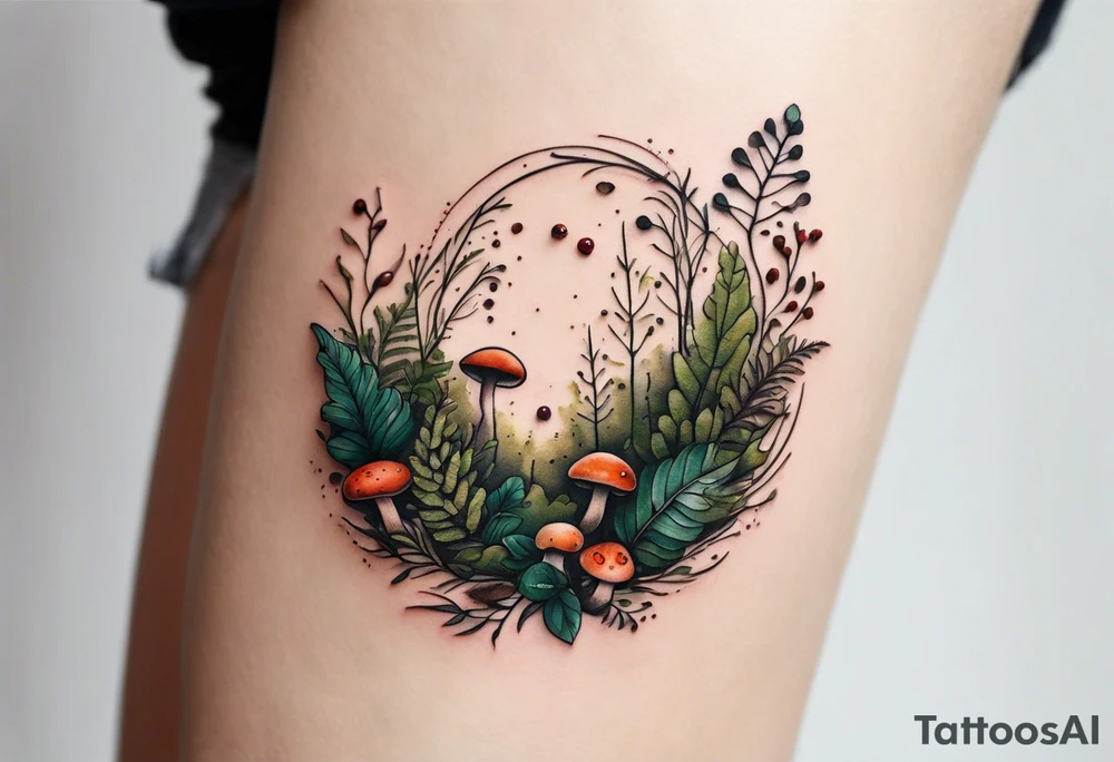 minimalistic forest floor inspired tattoo, which includes grass, moss, curly ferns and dead leaves as the bulk of the tattoo. details to include: forest berries, couple of very small brown mushrooms, a tiny bumblebee flying nearby tattoo idea